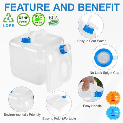 2 Pack Collapsible Water Container with Spigot,BPA Free Food Safe Camping Water Storage Carrier Jug for Outdoors Hiking Backpack & Survival Kit, Foldable Portable Water Canteen(10L/5.3 Gallon)