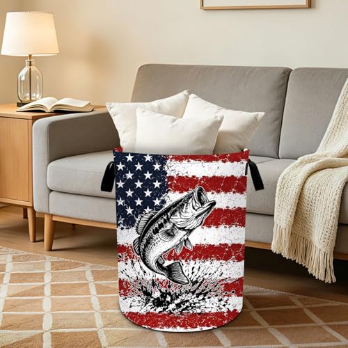 Fish Bass Laundry Basket Collapsible Oxford Laundry Hamper Clothes Storage Bin with Handles for Bedroom Bathroom Laundry Room 19.6 x 15.7 Inches - color: Fish Bass