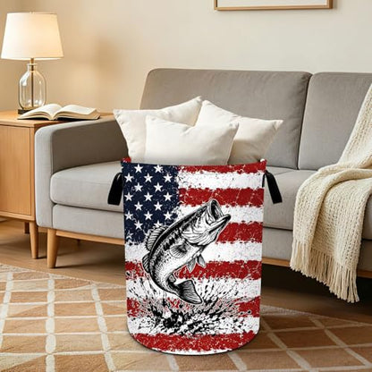 Fish Bass Laundry Basket Collapsible Oxford Laundry Hamper Clothes Storage Bin with Handles for Bedroom Bathroom Laundry Room 19.6 x 15.7 Inches - color: Fish Bass