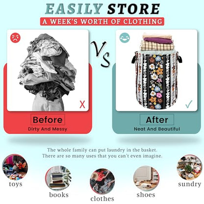 Boho Flowers Laundry Basket Oxford Cloth Foldable Hamper 18.9x16.5 Inch - color: Boho Stripe Of Colorful Flowers