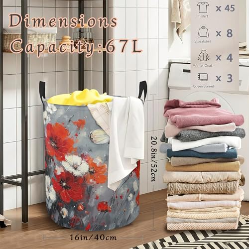 Retro Butterfly Laundry Basket,Red Flower Foldable Oxford Cloth Laundry Hamper with Handles Waterproof Dirty Clothes Storage Basket for Bathroom Bedroom Dorm Room 16" x 20.8" - color: Retro Butterfly Red Flower