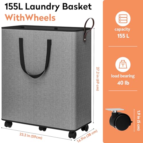 SpaceTrove Rolling Laundry Basket with Wheels, Laundry Hamper, 155L, Grey - color: Grey, size: 155L