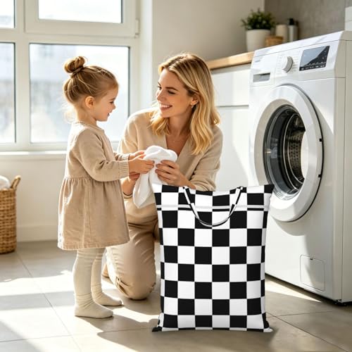 Black White Plaid Travel Laundry Bag Washable Dirty Clothes Bag for Gym - color: Black White Plaid