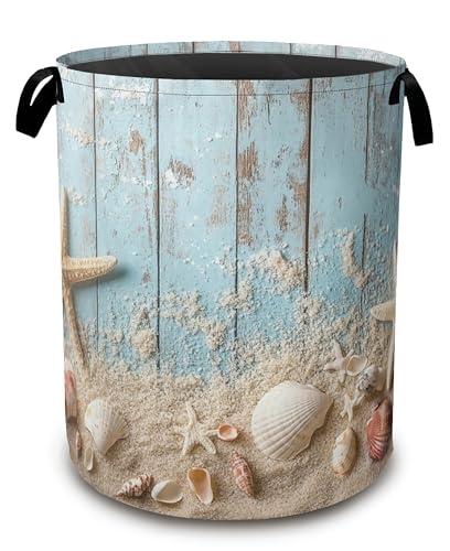 Large Laundry Basket,Beach Seashell Starfish Collapsible Laundry Baskets,Blue Wooden Waterproof Oxford Hamper with Handles for Bathroom Bedroom Nursery Home Storage 16"x20" - color: Beach Seashell Starfish,Blue Wooden