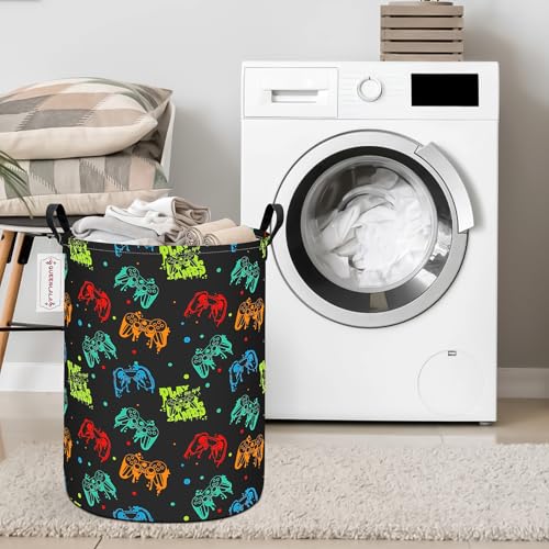 QUEENLALA Foldable Waterproof Round Fabric Laundry Basket Home, Black Game - color: Round-Black Game