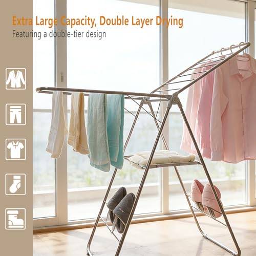 Clothes Drying Rack Foldable -Height Adjustable Laundry Drying Rack Large Space, Winged Laundry Rack with Sock Clips for Hanging Towels Clothes Dress Bedding Indoor Outdoor, Gray - size: 1-Level