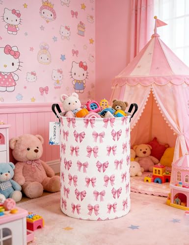 Round Large Pink Bow Print Waterproof Laundry Hamper - color: Round Pink Knot