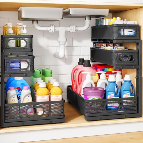 Under Sink Organizer, 3-Tier Thickened Metal Pull out Cabinet Organizer Shelf, Height Adjustable Slide out Storage Drawer Rack for Kitchen Bathroom Pantry Laundry Home Organization, 2-Pack, Black - color: Black, size: 2-Pack