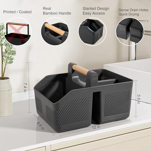 Plastic Shower Caddy Portable Shower Basket with Bamboo Handle, Dark Gray - color: Dark Gray
