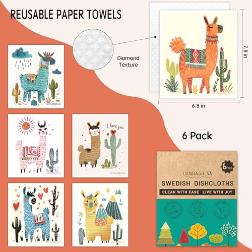 Swedish Dishcloths 6 Pack, Reusable Paper Towels Super Absorbent and Quick Drying for Kitchen, Biodegradable Washable Dish Towels Dishwasher Safe, Eco-Friendly Cleaning Cloths with Watercolor (Llama) - color: Llama Theme