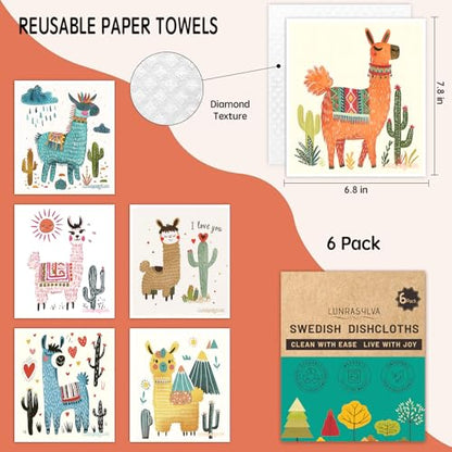 Swedish Dishcloths 6 Pack, Reusable Paper Towels Super Absorbent and Quick Drying for Kitchen, Biodegradable Washable Dish Towels Dishwasher Safe, Eco-Friendly Cleaning Cloths with Watercolor (Llama) - color: Llama Theme