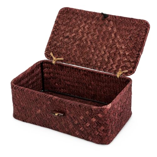 Seagrass Wicker Storage Basket with Lid, Small, Red - color: Red, size: 9.05" x 5.11" x 3.34"