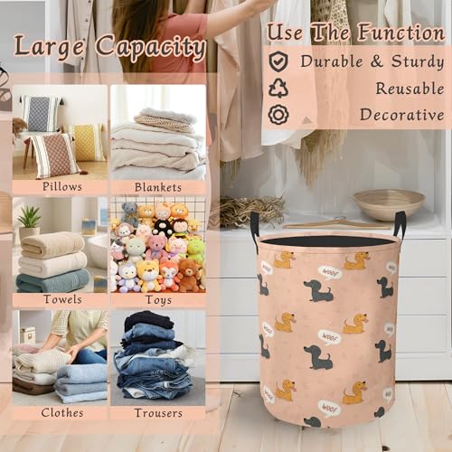 Cute Dachshund Dogs Laundry Hamper with Handles,Collapsible Waterproof Storage Basket for Dirty Clothes Books Round Organizer Bin for Bathroom Bedroom College Dorms 16" x 20.8" - color: Cute Dachshund Dogs