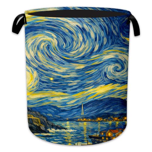 Starry Night Laundry Basket, Foldable Oxford Cloth Coastal Lighthouse Laundry Hamper with Handles, Tote Bag Clothes Storage Bucket for Laundry Room/Bathroom/Bedroom/Dormitories 20.8"x16" - color: Starry Night