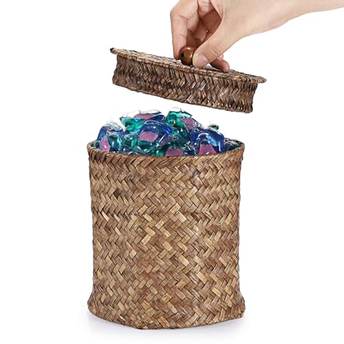 Sumnacon Wicker Laundry Pods Container with Lid, Natural Seagrass Pod Holder for Laundry Room Organization, Farmhouse Detergent Dispenser, Countertop Storage Basket Jars for Dryer Ball Laundry Sheets