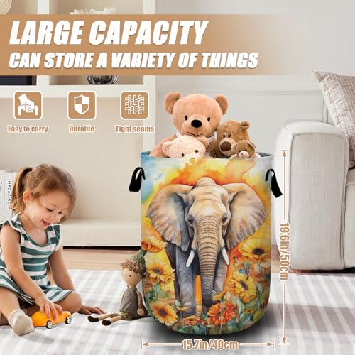 Watercolor Elephant Sunflower Laundry Basket, Foldable Wild Animals Laundry Hamper Tote Bag Dirty Clothes Storage Bucket Organizer for Bathroom/Laundry/Bedroom 15.7"x19.6" - color: Watercolor Elephant Sunflower