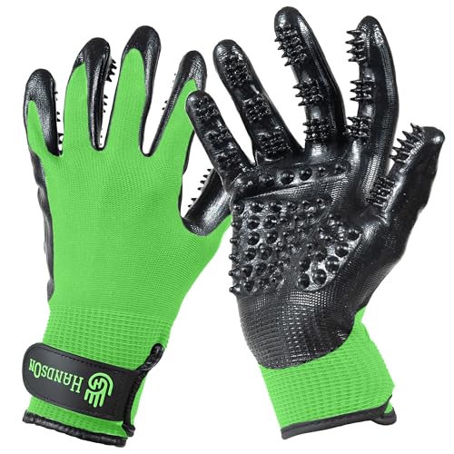 H HandsOn Pet Grooming Gloves - Patented #1 Ranked, Award Winning Shedding, Bathing, & Hair Remover Gloves - Gentle Brush for Cats, Dogs, and Horses (Green, Junior) - color: Green, size: Junior (1 Pair)