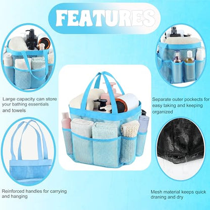 Mesh Shower Caddy Portable - 9 Pockets, Shower Bag for Dorm Room Camping - color: pink blue