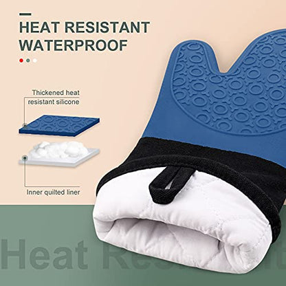 Silicone Oven Mitts - 14.6" Heat Resistant Oven Gloves for Baking, Cooking - color: Royal Blue & Black, size: 14.6in Oven Mitts