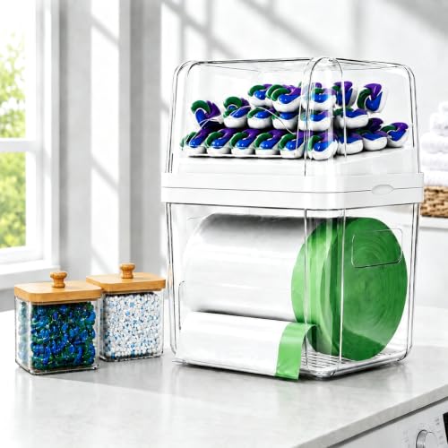 Trash Bag Holder & Dishwasher Pod Dispenser with 2 Bamboo Lid Storage Containers, Clear Acrylic Under Sink Organizer for Garbage Bags, Laundry Detergent Pods & Tabs, Kitchen Pantry Laundry Room - size: 3IN1 Set with 2 Lidded Bins