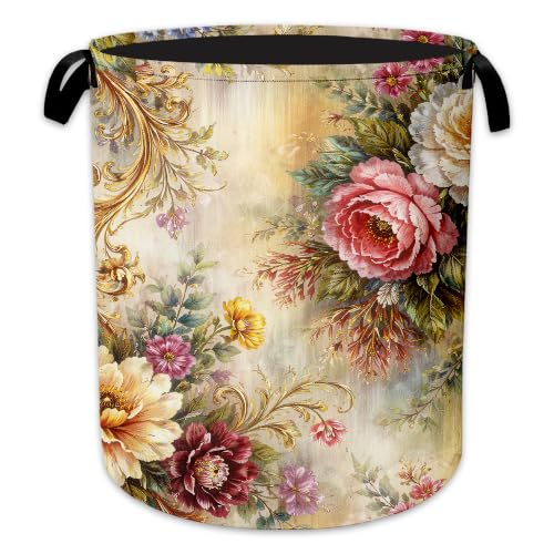 Gilded Flower Laundry Basket, Floral Baroque Collapsible Laundry Hamper Waterproof Oxford Cloth With Handles, Clothes Storage Bucket For Bathroom/Bedroom 16" x 20.8" - color: Gilded Flower