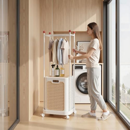 VECELO Laundry Hamper with Clothes Rack, Rolling Laundry Basket with Lid and Wheels, Tall Clothes Stand for Hanging Clothes, Multifunctional Laundry Organizer for Bedroom, Bathroom, White - color: White