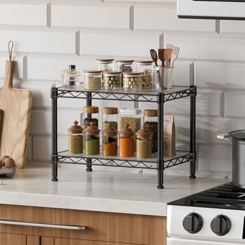 SINGAYE Small Shelves Kitchen Storage Shelf Wire Shelving Metal Adjustable - color: Black, size: 2 Tier 11.6"Dx17.6"Wx12"H
