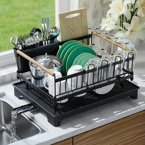 Dish Rack for Kitchen Counter with Drainboard Dish Drying Rack Rustproof Carbon Steel , 360° Swivel Spout, Space-Saving Dish Strainer Organizer with Cup & Utensil Holder, Holds 12 Plates, Black - size: 1 Tier Standard