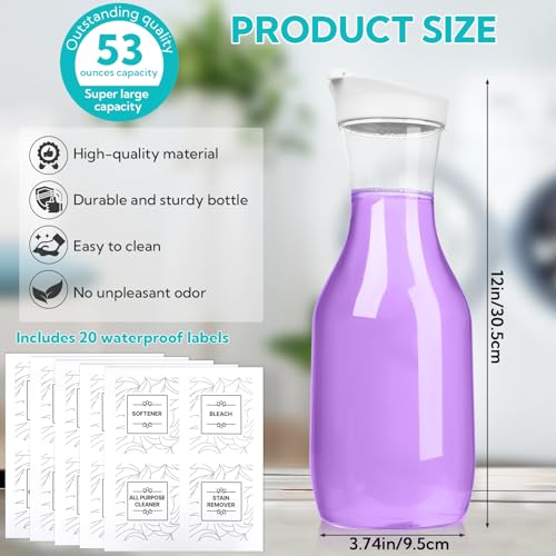 VZZNN 4 Pack Laundry Bottles 53oz Plastic Liquid Detergent Dispenser with 20 Label Laundry Room Organization for Liquid Powder Bleach Scent Booster Beads Soap Fabric Softener