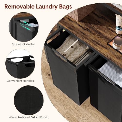 3-Tier Shelves Laundry Basket Hamper, 2 Section Laundry Sorter with Pull-Out Removable Bags, Laundry Hamper Storage Organizer for Closet, Bathroom, Bedroom