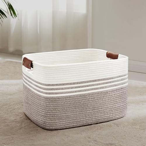 60L Woven Laundry Basket Hamper with Leather Handles,Dark Brown - color: Dark Brown, size: 60L