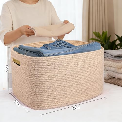 Large 75L Woven Laundry Basket, Collapsible Cotton Rope Storage Hamper for Blankets, Toys, Dirty Clothes, Rectangle Nursery Basket for Living Room, Bedroom, Baby Room - Brown - color: Brown, size: 75L