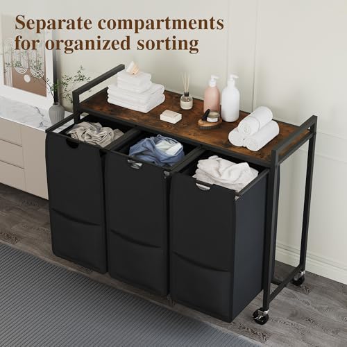Laundry Sorter with Wheels, 3 Section, Rustic Brown Black - size: 3 Bags-120L / Rustic Brown + Black / w Wheels