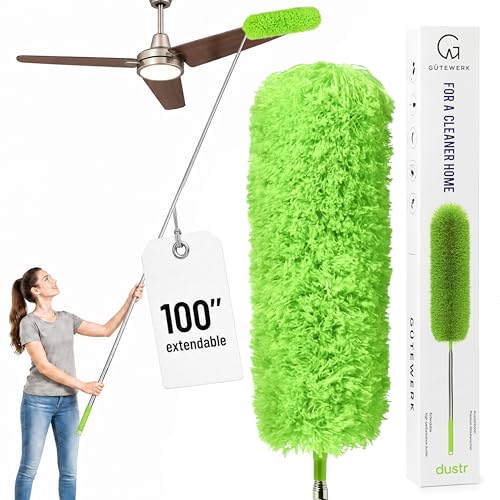 Gütewerk Cobweb Duster with 100" Extension Pole, 360° Bendable, Green - color: Green, size: up to 100 inch