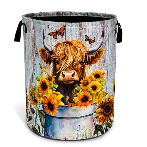 Highland Cow Sunflower Laundry Basket Foldable Waterproof 18.9 x 16.5 Inch - color: highland cow sunflower