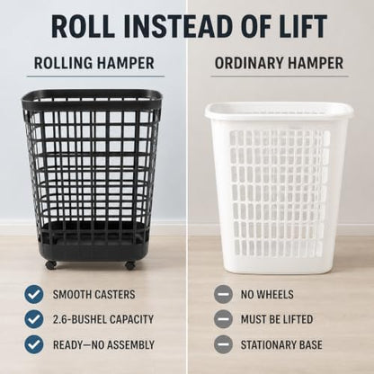 Black Rolling Laundry Hamper w/Casters, 2.6 Bushel Capacity - color: Black-Wheel-2.6 Bushel