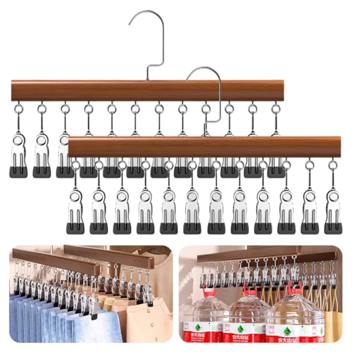2 Pack Wooden Pants Hangers with 12 Clips, Space Saving Hanging Closet Organizer, Multi-Purpose Hanger for Leggings, Socks, Underwear, Bras, Towels, Closet Storage Solution (Retro) - color: Retro