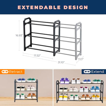 Happhom 3-Tier Expandable Shoe Organizer - Space Saver Shoe Shelf with Smart Design for Closet, Entryway and Small Spaces, Dark Grey (CSR-01) - style: CSR-01