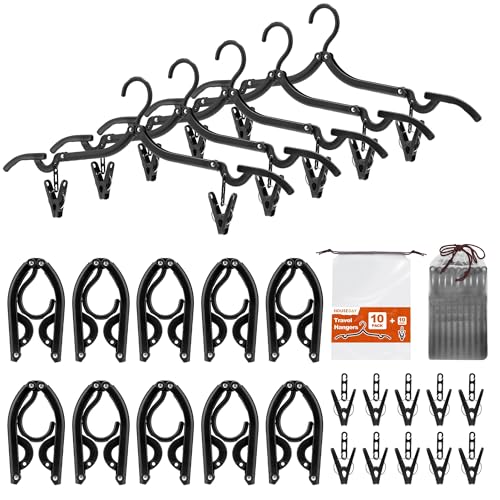 HOUSE DAY Black Travel Hangers with Clips, 10 Pack Foldable Clothes Hangers - color: Black, size: 10 Pack + 10 x Clips + 1 x Storage bag
