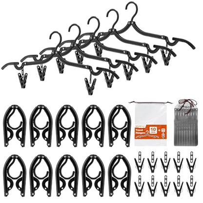 HOUSE DAY Black Travel Hangers with Clips, 10 Pack Foldable Clothes Hangers - color: Black, size: 10 Pack + 10 x Clips + 1 x Storage bag
