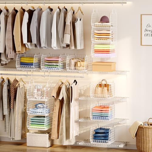 4" Extra Deeper Foldable Hanging Closet Organizer, Small Wire Cabinet Shelves and Storage with 5 S Hooks,4 Tier Metal Basket Bins for Clothes Sweaters Handbags, Wardrobe for Kitchen Laundry Room，White - color: White, size: 4-Tier