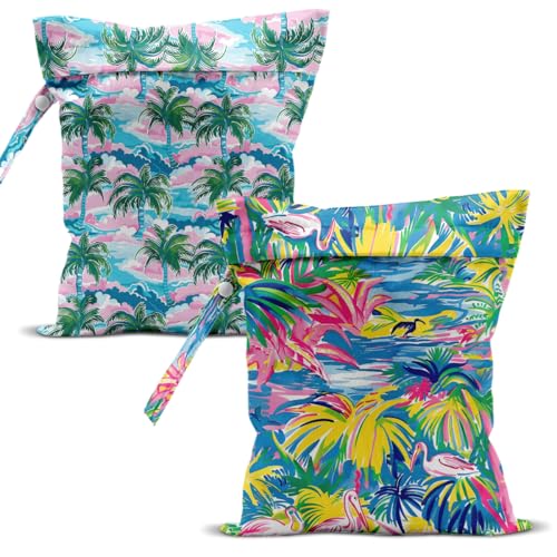 Swimsuit Bag Wet Bags for Travel Reusable Waterproof Dry Bags Diaper Bag Palm Coastal Wet Bag for Swimsuit Towels Beach Gym 10.2×12.6 Inches - color: Palm Coastal