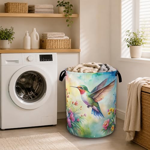 Hummingbird Flowers Collapsible Laundry Basket with Handles, Large Capacity Clothes Hamper, Waterproof Oxford Cloth Storage Basket for Laundry Room Bathroom - color: Hummingbird Flowers