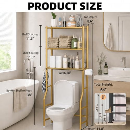 GloTika 3-Tier Over Toilet Storage, Anti-Tilt, 64" H, Gold - color: Gold, size: 3-Tier