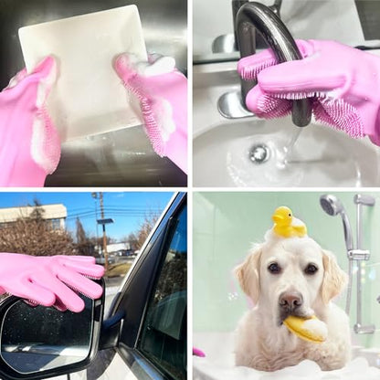 Silicone Magic Gloves : Ultimate Cleaning Gloves for Dishwashing, Kitchen, Pet, and Car - color: Pink