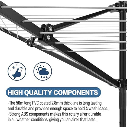 A-xctoe Rotary Outdoor Umbrella Drying Rack Adjustable Height Clothesline w/Waterproof Protective Cover Folding Rotary Dryer with 4-Aluminum Arms and Steel Post | 12-Lines with 165 ft Clothesline