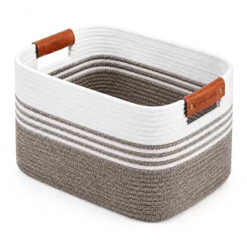 Cotton Rope Laundry Basket Small, 12.8GAL Collapsible Woven Storage Baskets for Living Room Kids Toys Stuffed Animal,Boho Rectangular Decorative Short Hamper for Dirty Clothes, Blankets Dark Brown - color: DarkBrown, size: 12.8GAL