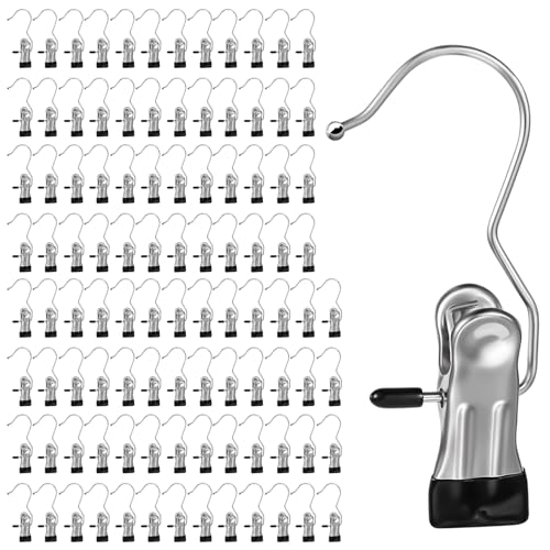 YUXIANLB 100 Pack Boot Hanger Clips Hooks, Heavy Duty Laundry Hooks with Clip, Portable Stainless Steel Clothes Pins Boot Clips for Hanging, Socks Towels Hats Pants Holder for Travel, Closet - size: 100 Count (Pack of 1)