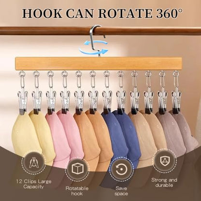 2 Pack Wooden Pants Hangers with 12 Clips, Space Saving Hanging Closet Organizer, Multi-Purpose Hanger for Leggings, Socks, Underwear, Bras, Towels, Closet Storage Solution (Natural) - color: Natural
