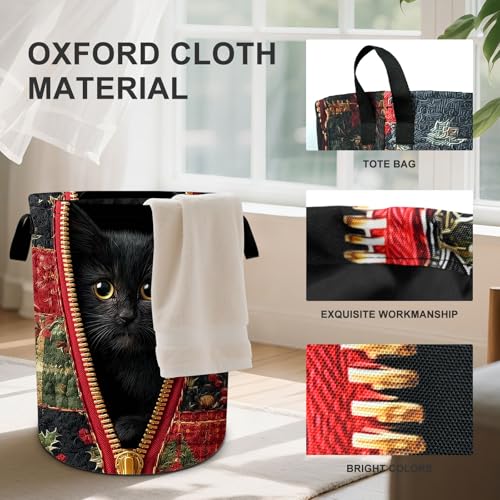 Black Cat Laundry Basket Collapsible Oxford Cloth Fabric Hamper,Tote Bag Portable Storage Bin for Bedroom Bathroom Laundry Room 19.6x15.7 Inch - color: Black Cat